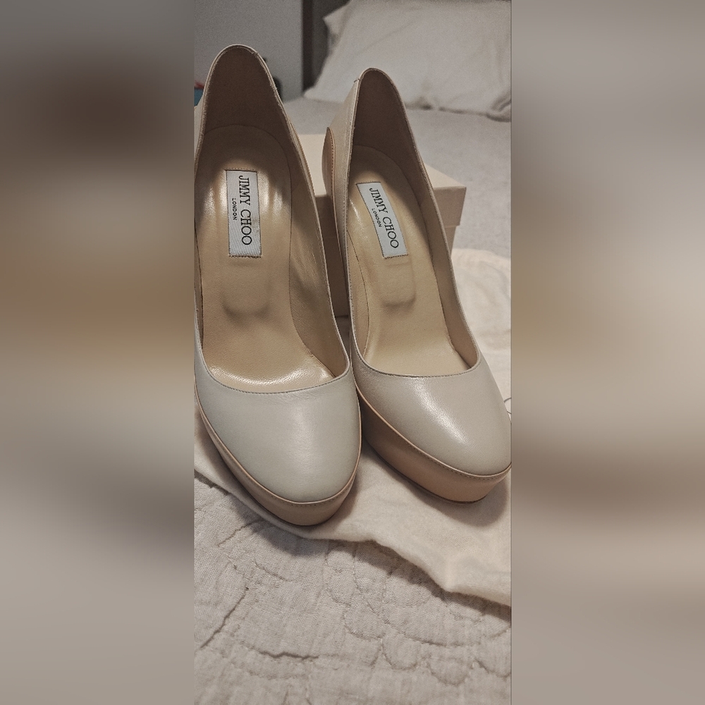Jimmy Choo Women's SEPIA KNL Nude & White Kid/Nappa Leather Heels - Like New - Picture 4 of 16